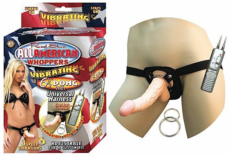 All American 6 1-2in Dong Vib W- Universal Harness Flesh