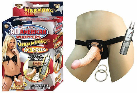All American 6 1-2in Dong Vib W- Universal Harness Flesh