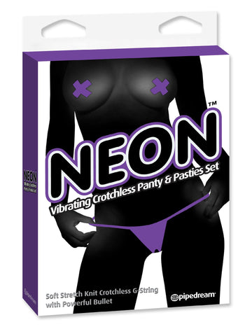 Neon Vibrating Crotchless Panty & Pasty Set Purple