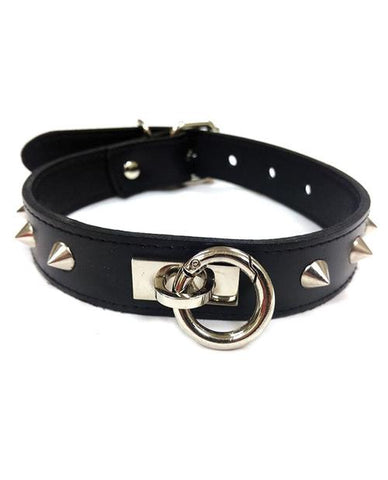Leather O Ring Studded Collar Black